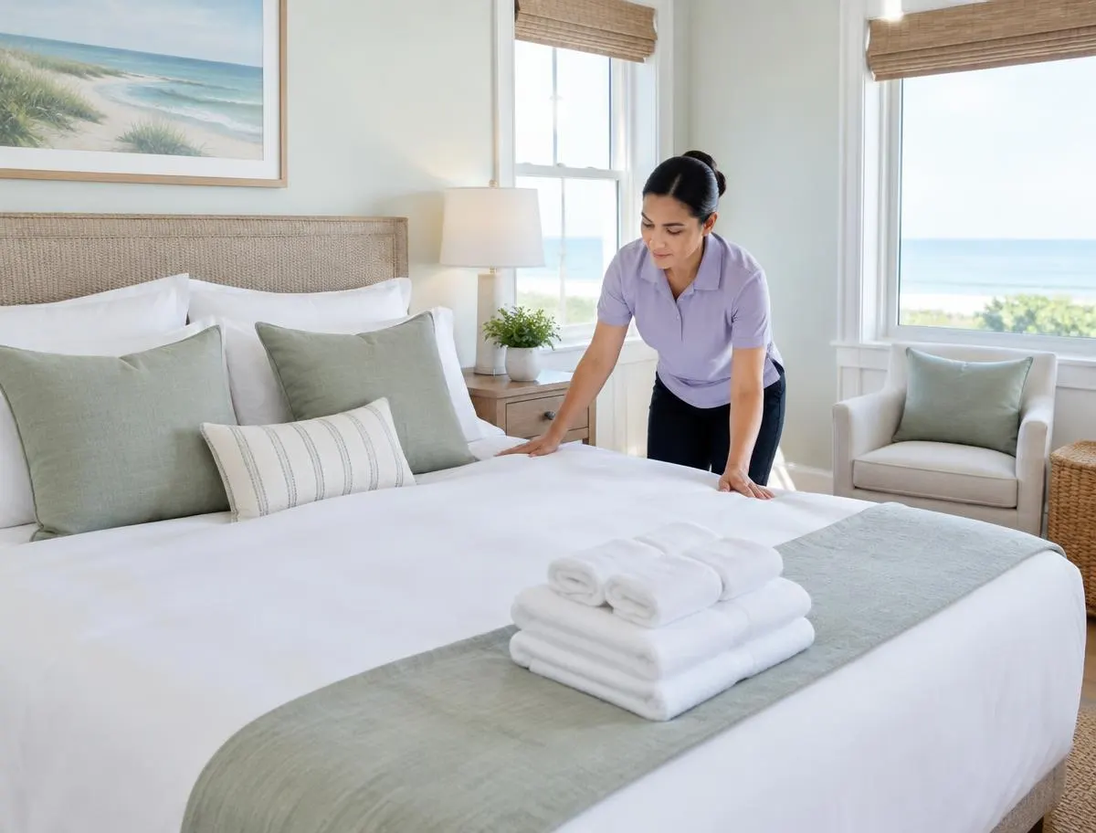 Housekeeper preparing fresh bedding and folded towels in a coastal vacation rental